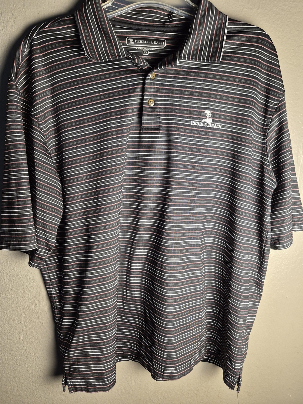 Pebble Beach Black Polo with White and Red Pinstripes